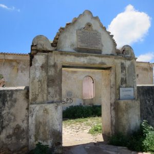 The Reducto de Sao Pedro (1846) overlooks the Catumbela River crossing between Lobito and Benguela, Angola. The plaque over the entrance declares that the fort was a result of "os continuos insultos feitos aos brancos pelos indigenas deste districto".